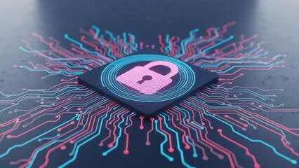 Lock icon on chip, circuit lines emanate, pink and blue, dark background