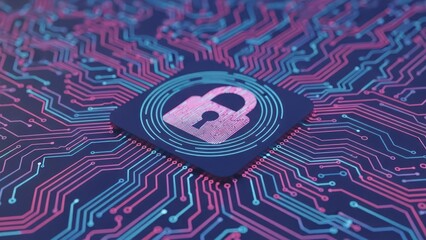 Lock icon on circuit board backdrop, digital security and protection theme