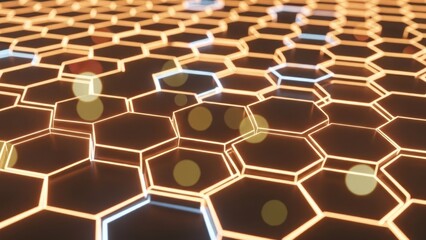 Luminous hexagonal pattern on dark surface with bokeh spots
