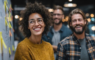 Fototapeta premium Smiling woman presenting a new idea with a flipchart while a man supports in the background