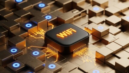 Metallic cube background with a central "WiFi" chip, glowing circuits