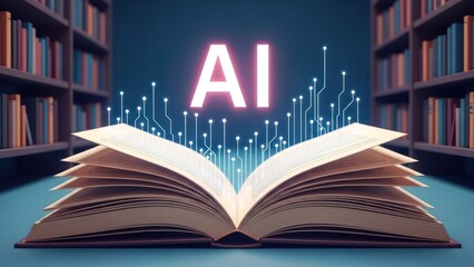 Open book emits neural-net light; shelves background; stylized AI acronym in center