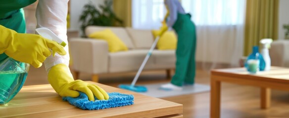 The cleaners deep cleaning a bright modern living room using ecofriendly supplies