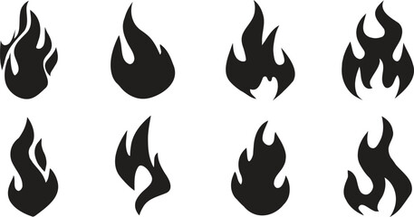 Black flame icon set featuring bold fire silhouettes. Minimal vector flames designed for clean graphic use. Perfect symbols for heat, energy, warning, and creative design themes.