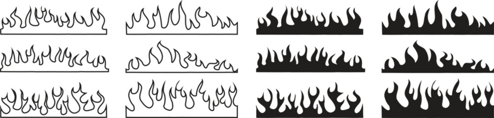Stylized flame border sets in outline and solid silhouettes. Fire line designs ideal for decals, prints, patterns, and bold graphic artwork. Perfect elements for hot, energetic visual themes.