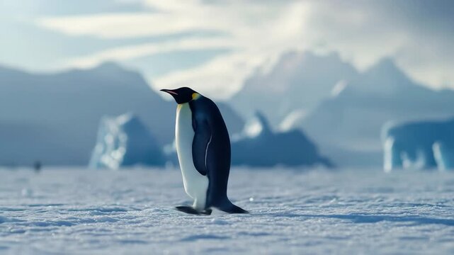 Emperor penguin stands alone on ice in a cold antarctic landscape