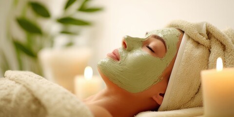The woman with green facial mask relaxing in a spa with candles