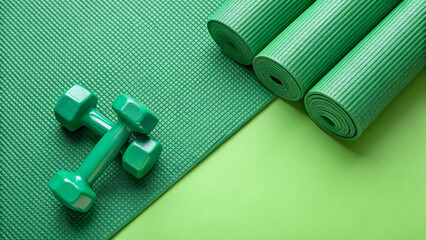 Workout gear includes green dumbbell and yoga mats on flat surface for exercising at home or gym during the day
