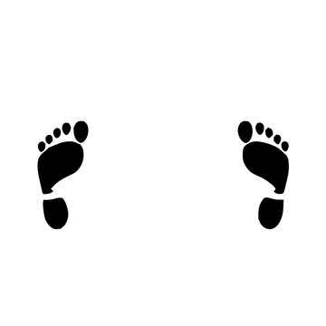 Minimal black line art of human footprints isolated on white background. Simple foot icon useful for health, travel projects.