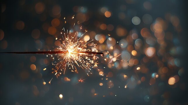 Burning sparkler with warm golden bokeh lights festive celebration background for parties weddings holidays and New Year photography - Powered by Adobe