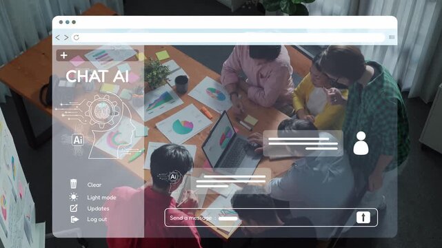 This image depicts a modern office environment showing a team collaborating around a laptop with a chat AI interface, enhancing communication and boosting creativity. Raster