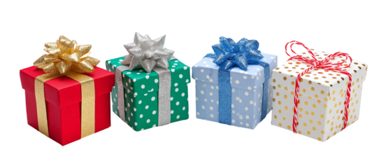 Four colorful gift boxes in a row with bows and ribbons, isolated on white, png
