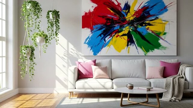 Modern living room with abstract art, white sofa, plants, and sun