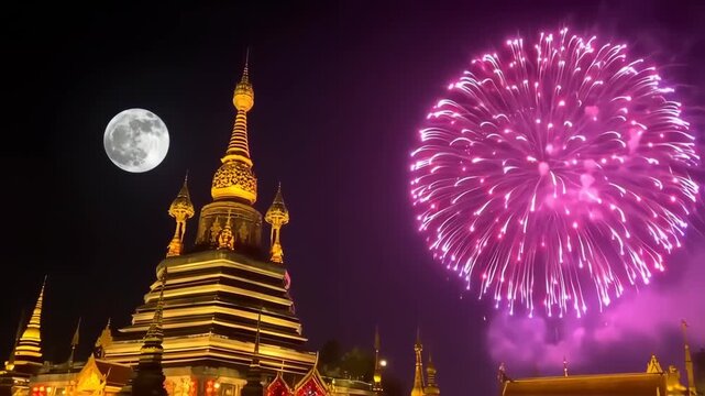 wat phra kaew with fireworks