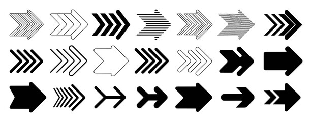 Collection of diverse right-pointing arrow icons in various styles and fills