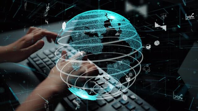 A captivating digital globe overlays with data graphics against a keyboard backdrop, symbolizing the intersection of technology and global communication in a modern workspace. Xenic