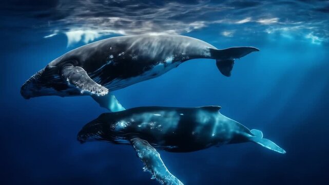 Three humpback whales glide underwater; sunlight filters through deep blue, inviting wonder and awe