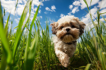 Cute Shih Tzu dog runs in a summer field with tall green grass on a sunny day