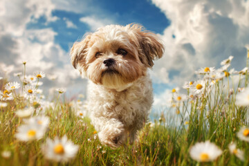 Cute Shih Tzu dog runs in a summer field with tall green grass on a sunny day