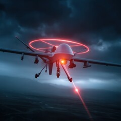 Unmanned aerial vehicle emitting laser in the sky