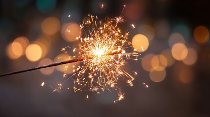 Happy New Year celebration with glittering burning sparkler and golden bokeh lights on dark background festive holiday copy space
