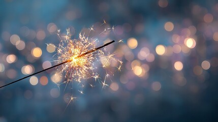 Happy New Year celebration with glittering burning sparkler and golden bokeh lights on dark background festive holiday copy space