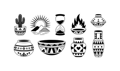 Collection of Southwestern-inspired pottery, cactus, hourglass, and sun over mountains