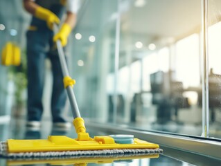 Fototapeta premium Person cleaning a floor with a mop in a modern office