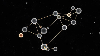 An abstract illustration depicting a connected network of spheres against a dark background, symbolizing relationships, data flow, and interconnectivity. The spheres are connected by lines, suggesting
