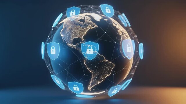 Digital Earth globe surrounded by glowing blue security shields illustrating worldwide cybersecurity and protected global communication networks