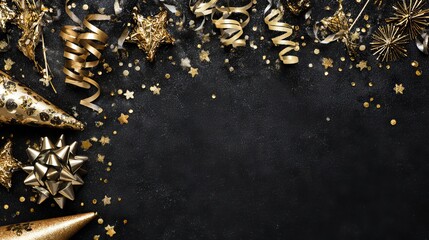 New Years Eve celebration border with glittery gold stars streamers party decorations and noisemakers on black background festive corner banner for holiday invitations and web headers