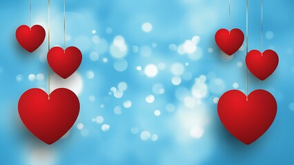Elegant red hearts suspended against a vibrant blue bokeh background, perfect for love themes