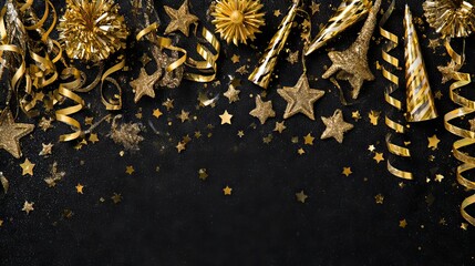 New Years Eve celebration border with glittery gold stars streamers party decorations and noisemakers on black background festive corner banner for holiday invitations and web headers