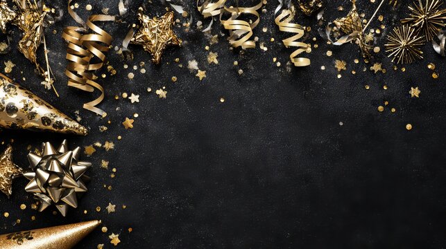 New Years Eve celebration border with glittery gold stars streamers party decorations and noisemakers on black background festive corner banner for holiday invitations and web headers - Powered by Adobe