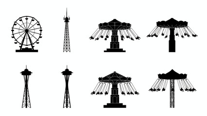 Vector collection featuring silhouettes of popular fairground attractions and landmark observation towers, perfect for travel and entertainment design projects
