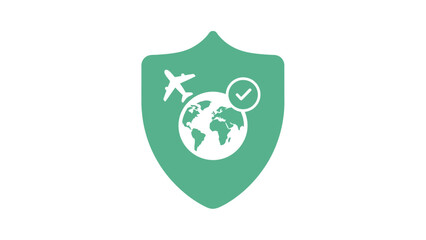 Secure global travel icon depicting a shield with a planet and airplane, representing safety and international journeys
