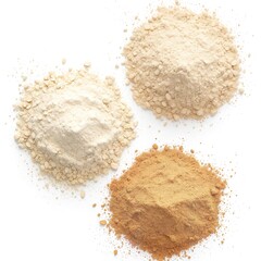 Three distinct piles of light colored protein powder supplements displayed against a clean white background