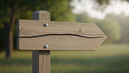 Weathered arrow signpost in a field, pointing right on a sunny day
