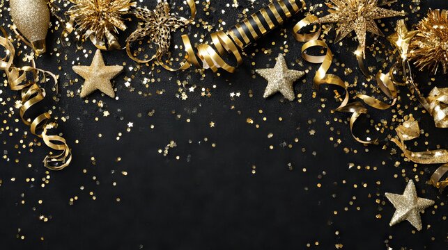 New Years Eve celebration border with glittery gold stars streamers party decorations and noisemakers on black background festive corner banner for holiday invitations and web headers