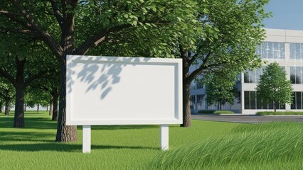 Fototapeta premium White blank billboard stands in grassy area near trees and building