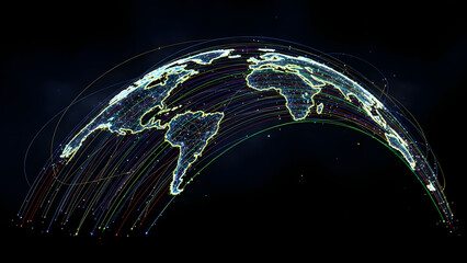 A digital rendition of the Earth showing continents outlined with glowing connections, with lines emanating outward, suggesting global communication and connection.
