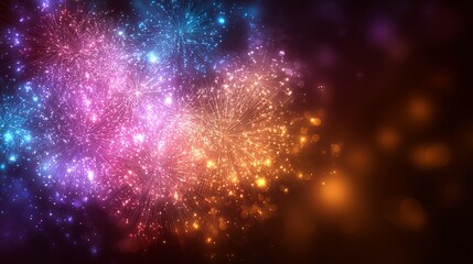 Abstract New Year festive background with colorful fireworks and glowing Christmas lights bright holiday celebration party wallpaper vector illustration design