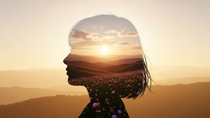Woman's silhouette overlaid with golden sunset landscape and flowers