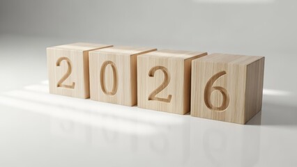 Wooden blocks aligned show the year "2026" on a reflective surface in soft lighting