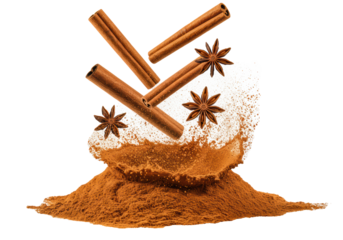 Close-up macro of rustic cinnamon sticks and star anise impacting rich ground cinnamon, powder exploding upwards, frozen high-key white studio background. Concept for aromatic winter baking