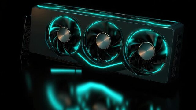 Dark Graphics Card with Three Cooling Fans and Cyan Lighting Accents on a Black Reflective Surface For High Performance Computing