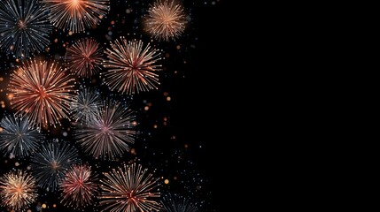 Fototapeta premium Festive fireworks banner on dark black background with colorful sparkling light bursts and copy space for New Year holiday celebration party invitations greeting cards and event promotion