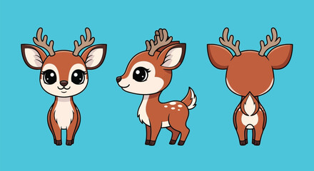 Naklejka premium Cute Cartoon Deer Character Turnaround – Front, Side, and Back View on Blue Background