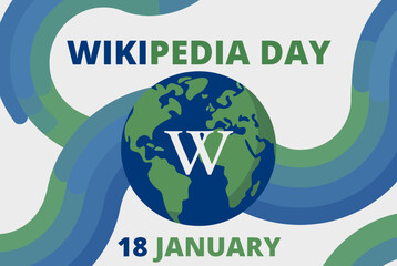 Wikipedia Day celebration graphic with a globe featuring the Wikipedia 'W' logo and the date 18 January, surrounded by blue and green wavy lines.