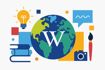 Illustration of a global knowledge network with icons representing learning, creativity, and communication around a world globe.